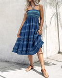 Two Way Wear Tie Dye Tropical Print Halter Sleeveless Dress High Waist Shirred Vacation Skirt