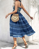 Two Way Wear Tie Dye Tropical Print Halter Sleeveless Dress High Waist Shirred Vacation Skirt