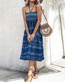 Two Way Wear Tie Dye Tropical Print Halter Sleeveless Dress High Waist Shirred Vacation Skirt
