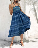 Two Way Wear Tie Dye Tropical Print Halter Sleeveless Dress High Waist Shirred Vacation Skirt