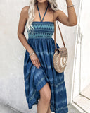 Two Way Wear Tie Dye Tropical Print Halter Sleeveless Dress High Waist Shirred Vacation Skirt