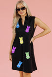 Black Sequin Bunny Doll Graphic Collared Sleeveless Mini Dress