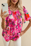 Rose Floral Printed Split V Neck Puff Sleeve Blouse