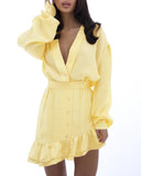 Plunge V Neck Long Sleeve Waist Mini Dress Casual Asymmetrical Ruffles Hem A Line Dress