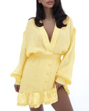 Plunge V Neck Long Sleeve Waist Mini Dress Casual Asymmetrical Ruffles Hem A Line Dress
