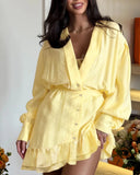 Plunge V Neck Long Sleeve Waist Mini Dress Casual Asymmetrical Ruffles Hem A Line Dress