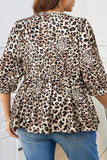 Khaki Leopard Print Lace-up Ruffled 3/4 Sleeve Plus Size Blouse