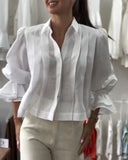 Turn down Collar Puff Sleeve Loose Blouse Casual Pleated Linen Crop Top