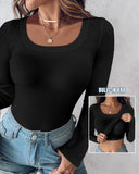 U Neck Built in Bra Long Sleeve Ribbed Top