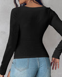 U Neck Built in Bra Long Sleeve Ribbed Top