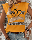 Leopard Print Heart Pattern Cap Sleeve T Shirt Casual Loose Fit Tank Top