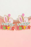 Pink Happy Easter Bunny Ear Pattern Stud Dangle Earrings