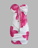 Floral Print Strapless Tied Top /w Ruched Mini Skirt Set Two Piece Outfit