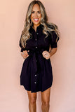 Black Button Up Tie Waist Puff Sleeve Mini Dress