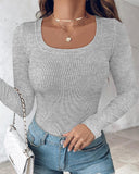 U Neck Long Sleeve Built In Bra Shirt Casual Seamless Slim Fit Top