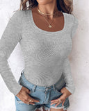 U Neck Long Sleeve Built In Bra Shirt Casual Seamless Slim Fit Top