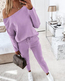 2PCS Solid Skew Neck Long Sleeve Top & Stretchy Waist Pants Set