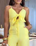 V Neck Spaghetti Strap Tied Detail Front Button Jumpsuit Sexy Overall