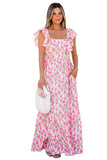 Pink Floral Print Square Neck Ruffled Strap Maxi Dress