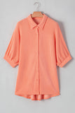 Grapefruit Orange Corded Half Sleeve Button Up High Low Hem Loose Shirt