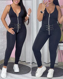 Eyelet Zipper Design Criss Cross Jumpsuit