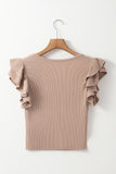 Smoke Gray Ribbed Knit Ruffled Shoulder Slim Fit Tank Top