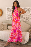 Rose Abstract Printed High Neck Knotted Nape Sleeveless Maxi Dress