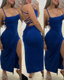 Halter Side High Slit Bodycon Dress Sexy Back Tied Detail Midi Dress