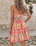 Tribal Print Halter Backless Shirred Dress