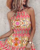 Tribal Print Halter Backless Shirred Dress