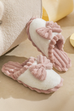 Fushia Bow Decor Color Block Ribbed Plush Slippers