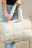 White Solid Quilted Puffy Zipped Large Tote Bag