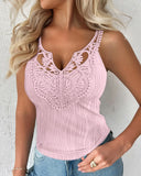 Contrast Lace V Neck Casual Slim Fit Textured Tank Top