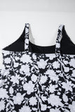 Black Plus Size Printed Square Neck Drawstring Ruffled Tankini Set