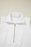 White Textured Half Zip Tank Top Drawstring Shorts Set