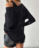 2 Piece Skew Neck Long Sleeve Hollow out Cover Up Basic Tank Casual Sweater Set