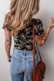 Black Floral Print U Neck Short Puff Sleeve Bodysuit