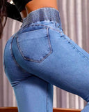 Back Shirred Button Front High Waist Jeans