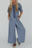 Beau Blue Half Placket Chest Pockets Short Sleeve Wide Leg Jumpsuit