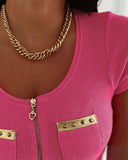 Round Neck Short Sleeve Zipper Front T Shirt Casual Pocket Design Slim Fit Ribbed Top