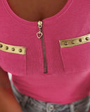 Round Neck Short Sleeve Zipper Front T Shirt Casual Pocket Design Slim Fit Ribbed Top