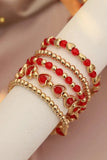 Fiery Red Heart Shape Plated Beaded Elastic Bracelet Set