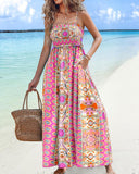 Tribal Pattern Square Neck Sleeveless Thick Strap Shirred Ruffles Hem Maxi Dress Vacation Dress