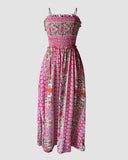 Tribal Pattern Square Neck Sleeveless Thick Strap Shirred Ruffles Hem Maxi Dress Vacation Dress