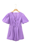 Wisteria Bow Decor Front V Neck Puff Sleeve Romper