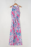 Sky Blue Floral Printed Sleeveless O Neck Knot Waist Maxi Dress