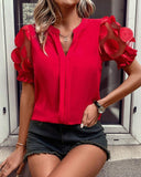 Jacquard V Neck Puff Sleeve Blouse Casual Sheer Mesh Patch Short Sleeve Top