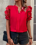 Jacquard V Neck Puff Sleeve Blouse Casual Sheer Mesh Patch Short Sleeve Top