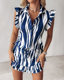 Striped Flutter Sleeve Buttoned Shirt & Ruffles Skorts Set