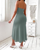 Eyelet Embroidery Bandeau Ruched Slit Casual Dress